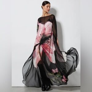 NWT Alice + Olivia Cape Linn Black and Pink Floral Semi-Sheer Dress, Size 8